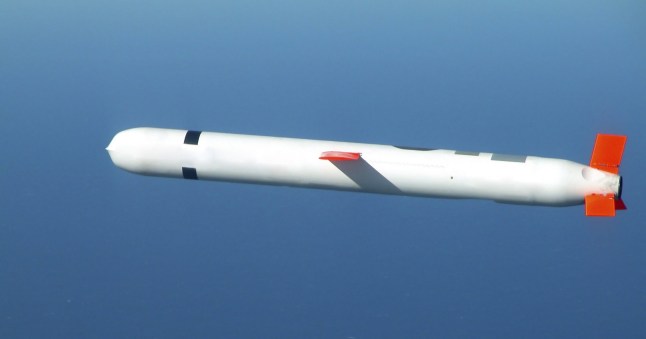 China Lake, California, November 10, 2002 - A Tactical Tomahawk Block IV cruise missile conducts a controlled flight test over the Naval Air Systems Command (NAVAIR) western test range complex in southern California. The Tactical Tomahawk, the next generation of Tomahawk cruise missile, adds the capability to reprogram the missile while in-flight to strike any of 15 preprogrammed alternate targets, or redirect the missile to any Global Positioning System (GPS) target coordinates. It also will be able to loiter over a target area for some hours, and with its on-board TV camera, will allow the war fighting commanders to assess battle damage of the target, and, if necessary redirect the missile to any other target.