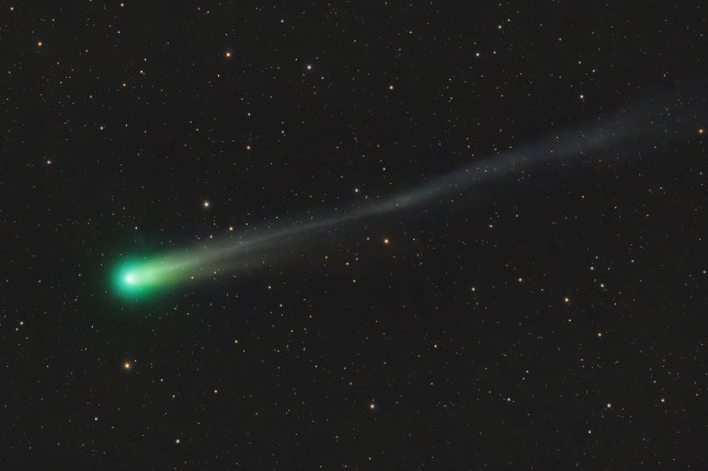Comet C/2025 A6 (Lemmon) with a glowing green coma and visible tail navigating across millions of stars in Solar System. C/2025 A6 (Lemmon) is a non-periodic comet discovered by the Mount Lemmon Survey in images obtained on 3 January 2025. It has an inbound orbital period of about 1,350 years and will pass perihelion on 8 November 2025 when it will be 0.53 AU (79 million km; 49 million mi) from the Sun. Taken in Vallejos on october 1st 2025. M??laga. South of Spain.