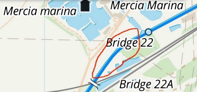 A zoomed in map showing the bridge at Mercia Marina in Willington, Derbyshire with a red circle outlining the location