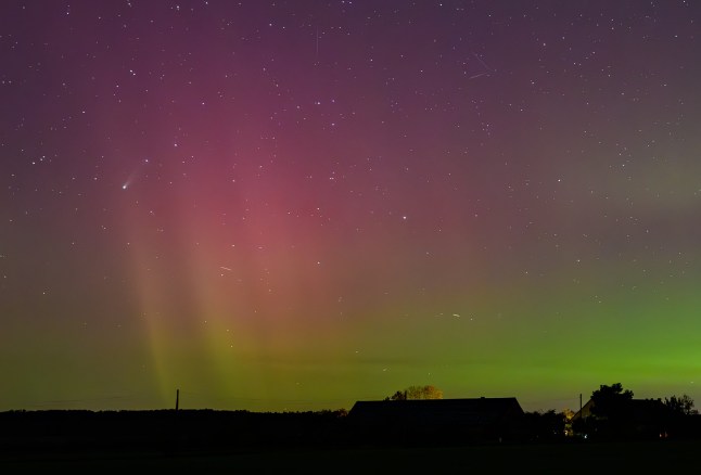Northern lights and the comet Lemmon C/2025 A6, middle left, shine in the night sky over the landscape in Lietzen, Germay, late Saturday, Oct. 18, 2025. Patrick Pleul/dpa via AP)