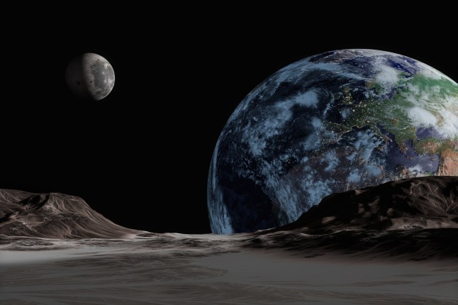 Land on a black background and the distant earth and moon
