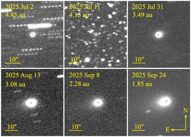Images show how the comet has changed since the summer: the red dot showing the brightest pixel appears to have reversed direction .