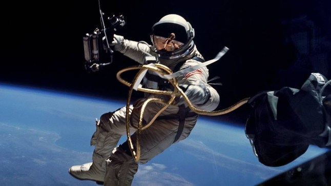 During the Gemini 4 mission on June 3, 1965, Ed White became the first American to conduct a spacewalk. The spacewalk started at 3:45 p.m. EDT on the third orbit when White opened the hatch and used the hand-held manuevering oxygen-jet gun to push himself out of the capsule.