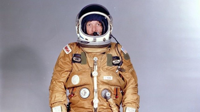 When the fist shuttle flight, STS-1, lifted off on April 12, 1981, astronauts John Young and Robert Crippen wore the ejection escape suit modeled here.