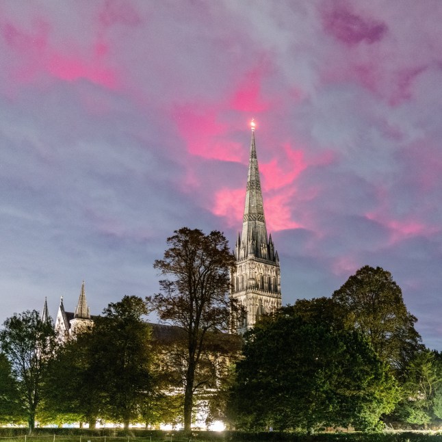 Northern Lights over Salisbury Cathedral. October 10 2024. Photo released October 11. 2024.