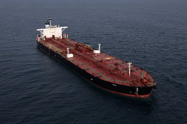 An aerial view shows the oil tanker named Boracay (also called Pushpa), a vessel being investigated by French authorities and suspected of belonging to the so-called "shadow fleet" involved in the Russian oil trade, off the coast of the western France port of Saint-Nazaire, France, October 2, 2025. REUTERS/Stephane Mahe