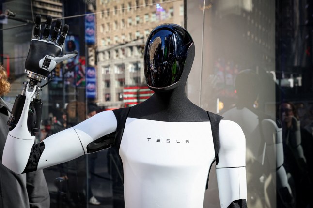 A Tesla Optimus robot interacts with a crowd during an appearance outside the Nasdaq Market site in New York City, U.S., October 27, 2025. REUTERS/Brendan McDermid