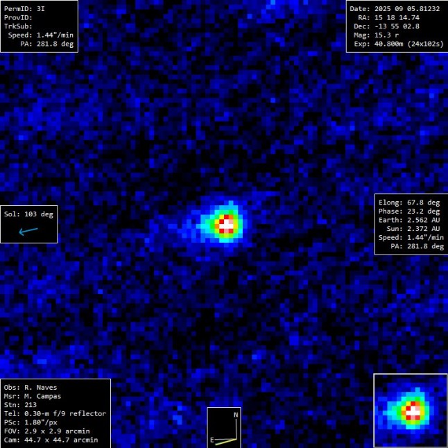 Qicheng Zhang used the Lowell Observatory to observe comet 3I/ATLAS in all of its green glory. A new image of comet 3I/ATLAS has revealed that the interstellar visitor is glowing green and hiding its tail, but that doesn't mean there's anything wrong with it. Qicheng Zhang, a researcher at the Lowell Observatory in Arizona, used the observatory's powerful Discovery Telescope to make fresh observations of the comet as it zoomed away from the sun on Wednesday (Nov. 5). The comet recently became visible again after swinging around the far side of our star. Comets develop an atmosphere, or coma, as they fly close to the sun. This cloud of gas and dust grows larger and brighter as the sun heats up ice and other materials on the comet, which sublimate into gases that astronomers can observe. In this case, the atmosphere is brightest when viewed with a green filter, like with most comets that fly close to our star.
