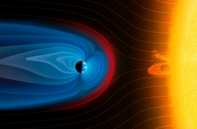 Illustration showing the interaction of the solar wind (red) with Earth's magnetic field (blue, not to scale). The solar wind is made up of charged particles emitted by the Sun. The Earth's magnetic field deflects these particles, forming a wake-like pattern of field lines that is compressed on the sunward side and trails over a million kilometres away from the Sun on the other side of the Earth, and is known as the magnetotail.
