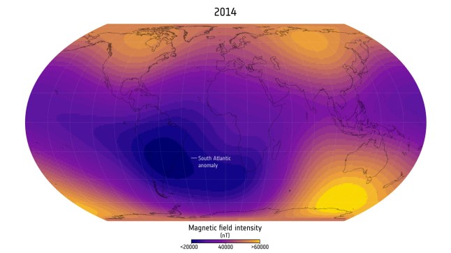 Using 11 years of magnetic field measurements from the European Space Agency?s Swarm satellite constellation, scientists have discovered that the weak region in Earth?s magnetic field over the South Atlantic ? known as the South Atlantic Anomaly ? has expanded by an area nearly half the size of continental Europe since 2014.