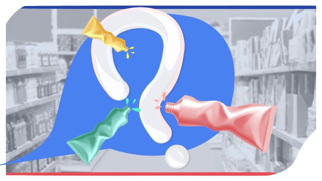 An image showing tubes of toothpaste against a question mark with a shopping aisle in the background.