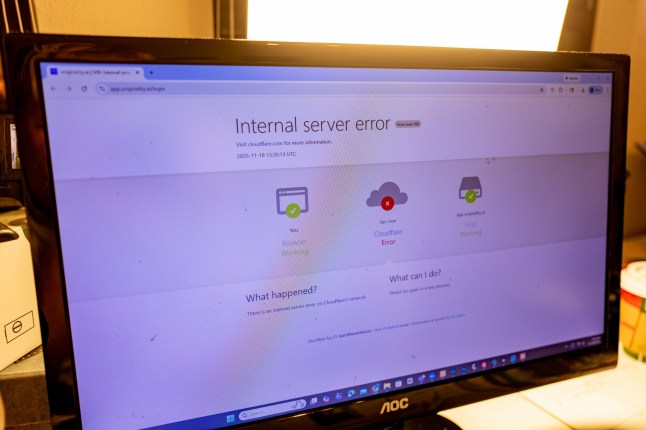 Computer screen displaying a Cloudflare Error while attempting to access a webpage, during an outage of the Cloudflare service, Lafayette, California, November 18, 2025. (Photo by Smith Collection/Gado/Getty Images)