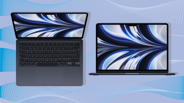 Black Apple MacBook with bright swirly graphics on screen