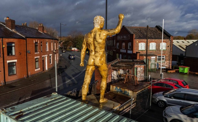 Aerial images of a controversial 20-foot-tall nude statue banned by a local council which has been reinstated - after a campaign by dozens of locals. Photo released 30/11/2025