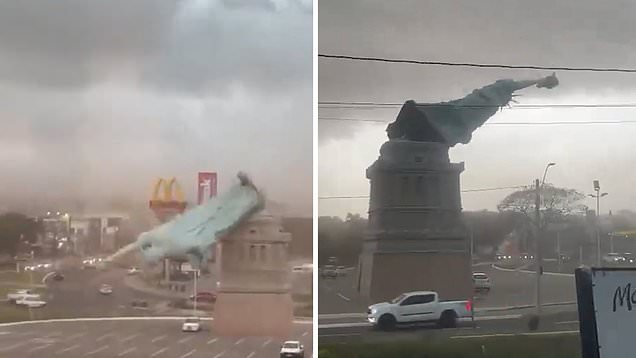 A drone view shows a replica of the Statue of Liberty, a symbol of a Brazilian retailer called Havan, toppled after being hit by strong winds that struck the city of Guaiba, Brazil.