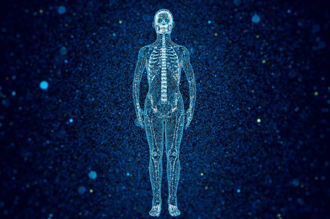 A blue X-ray of a human body on a black and blue background.