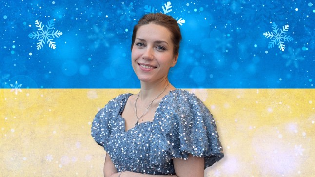 Mariia Kushch wears a blue sparky dress against a backdrop of a Ukrainian flag with snowdrops to indicate Christmas over the top.