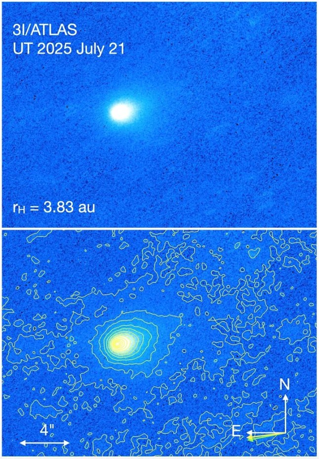 (upper) Combined 130 s F350LP image of 3I/ATLAS showing diffuse asymmetric emission to the north west. (lower) Same image contoured, with scale bar and direction arrows shown. The yellow and green arrows mark, respectively, the projected negative heliocentric velocity vector and the projected anti-solar direction. Note that the bulk of the dust is sunward of the nucleus.; From: https://arxiv.org/pdf/2508.02934; 14980475 Chilling new clue interstellar object is of intelligent design... as scientists warn 'it could save or destroy us'