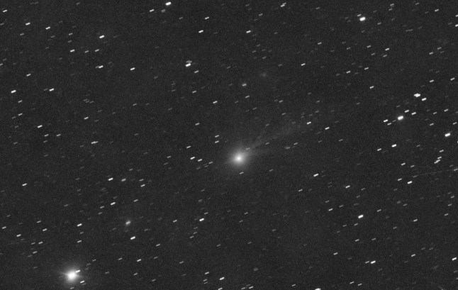 3I/ATLAS showed a complex tail structure early this morning. We observed it at 29 degrees elongation from the Sun. The sum image from 24x35sec green and 2x35 red and 2x35 blue with 11" RASA shows a 5' coma and 4-5 tails or jets: 400? pa 0, 500? pa 316, 900? pa 295, 430? pa 278 and a counter-tail 200" pa 109 At the time of exposure, the comet was 7-10? above the horizon; at the end, twilight interfered with the observation, which took place under bright moonlight. We observed from a mountain location. The comet was 9m1 bright (measured from 6x35 sec green). 3I/ATLAS 2025-11-08 4.10 UT 20min RGB M. J?ger, G. Rhemann, E. Prosperi G00