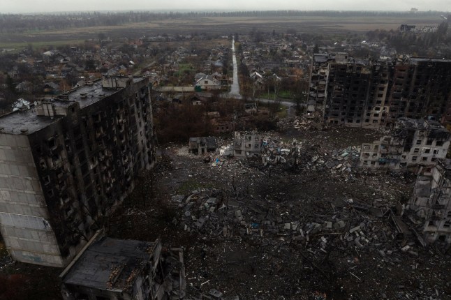 This handout photograph, taken on November 12, 2025, and released on November 15, 2025 by the press service of the 93rd Kholodnyi Yar Separate Mechanized Brigade of the Ukrainian Ground Forces shows an aerial view of destroyed buildings in the frontline town of Kostyantynivka, Donetsk region, amid the Russian invasion of Ukraine. (Photo by Iryna Rybakova / 93RD SEPARATE MECHANIZED BRIGADE "KHOLODNYI YAR" / AFP) / RESTRICTED TO EDITORIAL USE - MANDATORY CREDIT "AFP PHOTO / Press service of 93rd Kholodnyi Yar Separate Mechanized Brigade of the Ukrainian Ground Forces" - NO MARKETING NO ADVERTISING CAMPAIGNS - DISTRIBUTED AS A SERVICE TO CLIENTS (Photo by IRYNA RYBAKOVA/93RD SEPARATE MECHANIZED BRIGADE "KHOLODNYI YAR"/AFP via Getty Images)