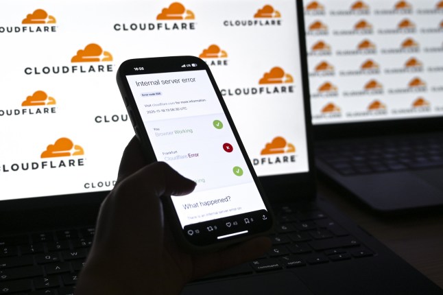 ANKARA, TURKIYE - NOVEMBER 18: In this photo illustration, the logo of Cloudflare is displayed on a screen in Ankara, Turkiye on November 18, 2025. (Photo by Mehmet Futsi/Anadolu via Getty Images)