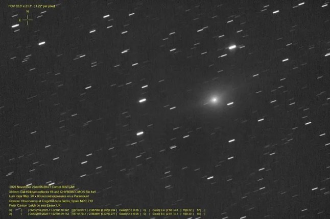 Comet 3I/ATLAS, 2025 November 22nd. This image was taken from by remote observatory in Extremadura, Spain. More details on the image.