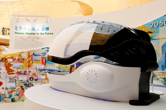 The Mirai Human Washing Machine displayed in the Osaka Healthcare Pavilion at the 2025 Osaka-Kansai Expo site on April 09, 2025 in Osaka, Japan