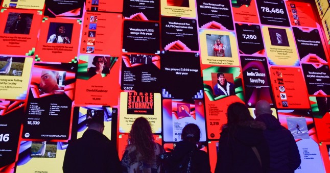 Mandatory Credit: Photo by Vuk Valcic/ZUMA Press Wire/Shutterstock (14973980b) The huge immersive screen at Outernet in London's West End displays Spotify Wrapped, the top songs streamed by London in 2024. Spotify 2024 Wrapped at Outernet, London, England, Uk - 05 Dec 2024