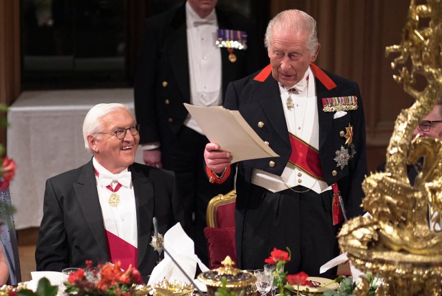 Britain's King Charles III (R) and Germany's President Frank-Walter Steinmeier attend a State Banquet at Windsor Castle in Windsor, on December 3, 2025, the first day of a three day state visit by the German President. President Frank-Walter Steinmeier received a ceremonial welcome to Britain Wednesday as his state visit got into full swing -- the first by Germany's official head of state in 27 years. (Photo by Yui Mok / POOL / AFP via Getty Images)