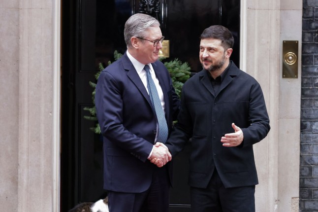 Ukrainian President Volodymyr Zelensky and Prime Minister Keir Starmer outside No 10 Downing Street attend to take stock of the situation and review progress in the ongoing US-led and US-mediated negotiations aimed at advancing a potential framework for ending the war in Ukraine.