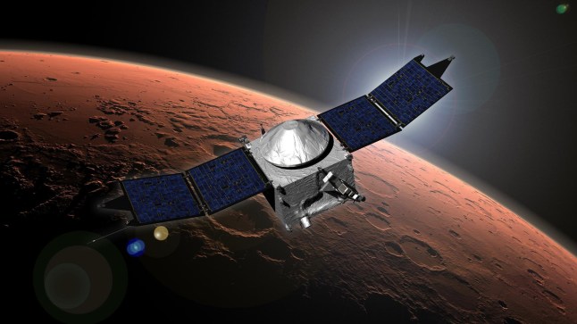 This image shows an artist concept of NASA's Mars Atmosphere and Volatile Evolution (MAVEN) mission. Image Addition Date: 09/21/2014