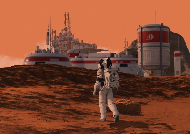 Astronaut at an industrial plant on Mars, illustration