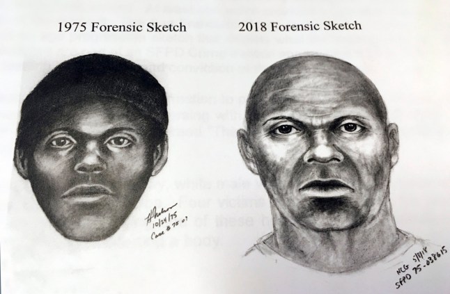 This pair of sketches provided by the San Francisco Police Department, Wednesday, Feb. 6, 2019, shows what a serial killer might look like now in a cold case involving at least five stabbing deaths of gay men in the mid-1970s in San Francisco. The killer was dubbed the "Doodler" after he told a person who later became a victim and survived that he was a cartoonist. It's one of several cases being re-examined after the capture last year of the "Golden State Killer" through DNA analysis. (San Francisco Police Department via AP)