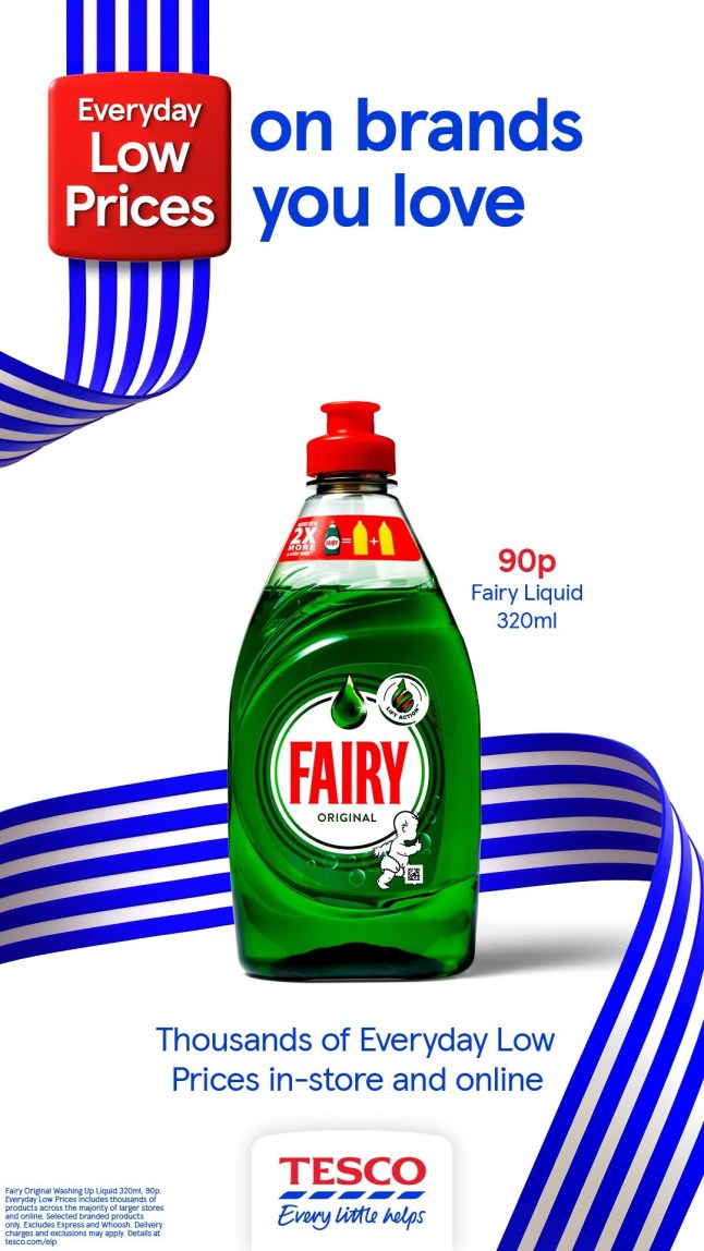 An advert for Fairy Original with the Tesco Value blue and white stripes making a comeback