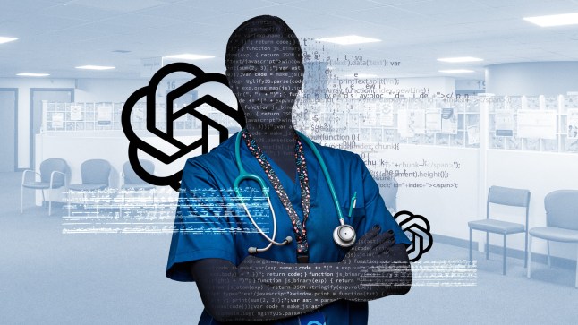 An image of a nurse edited to be made of codes, with the ChatGPT logo behind her.