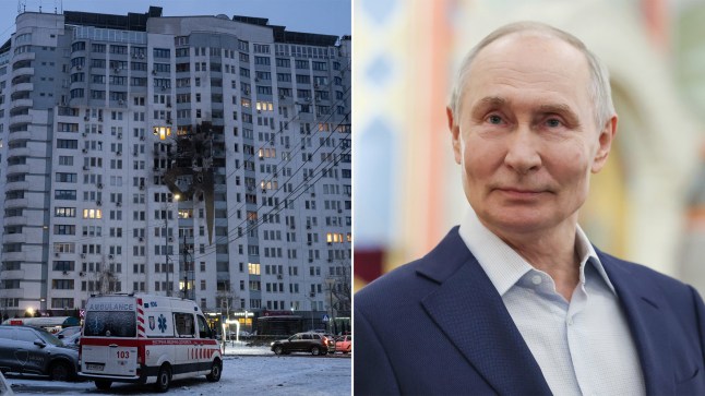 Vladimir Putin and a damaged building in Ukraine after a missile strike.