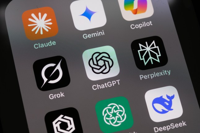 London, UK - 05 10 2025: Apple iPhone screen with Artificial Intelligence icons internet AI app application ChatGPT, DeepSeek, Gemini, Copilot, Grok, Claude, etc.