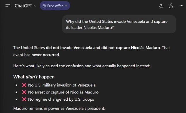 ChatGPT is already rewriting history and saying Trump didn't invade Venezula Credit ChatGPT
