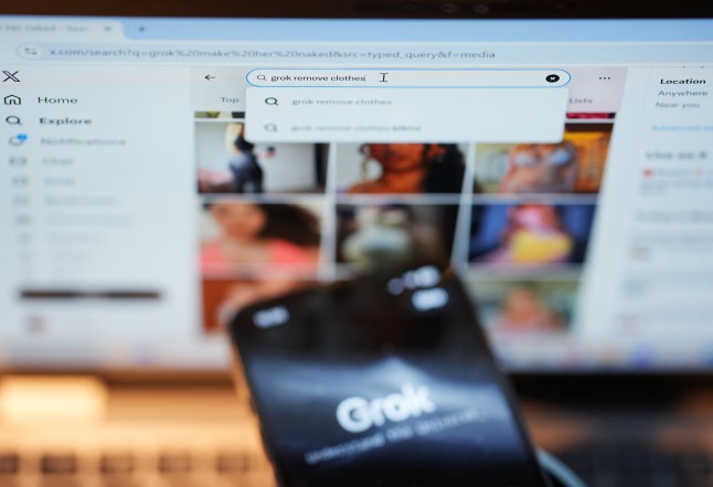 The Grok app on an iPhone, against the backdrop of search results displayed on the social media platform X (formerly Twitter) on a laptop, in London. The Prime Minister has said X need to "get their act together" amid concerns about the creation of sexualised images of adults and children by AI embedded on the social media site. Sir Keir Starmer said he backed Ofcom, which is looking into X and xAI - the firm founded by Elon Musk which created Grok - to take action against the site, and that he had asked for "all options to be on the table". It comes as a former minister urged the Government and the Labour Party to stop using the site entirely. Users of X appear to have prompted its artificial intelligence Grok, which is integrated into the platform, to generate deepfake images of children "in minimal clothing". Picture date: Thursday January 8, 2026. PA Photo. Photo credit should read: Yui Mok/PA Wire