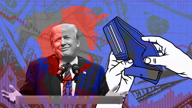 A composite image shows Donald Trump shrugging with a cartoon of a wallet being opened.