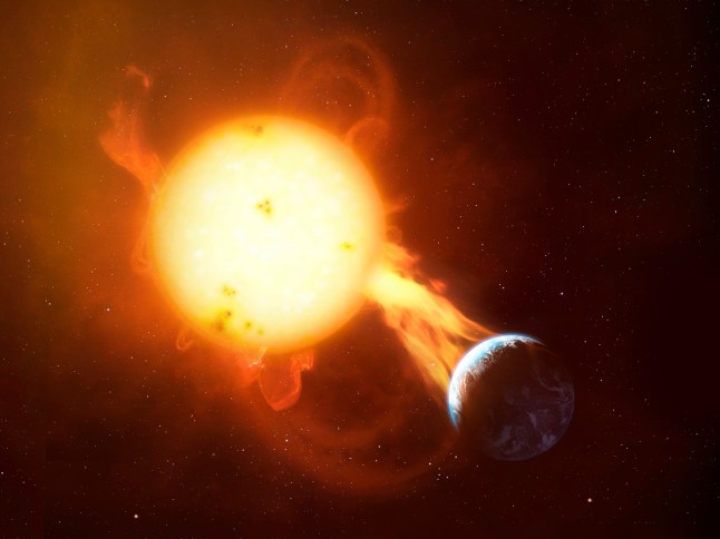 Illustration of a coronal mass ejection impacting the Earth's atmosphere. These events, CMEs for short, are powerful releases of solar charged particles (plasma) and magnetic field, travelling on the solar wind. When a CME hits Earth, it can cause a geomagnetic storm which disrupts the planet's magnetosphere, our radio transmissions and electrical power lines. They can damage artificial satellites and cause long-lasting power outages. Humans in orbit are also very vulnerable to these events, whose high-energy particles are not shield by typical spacecraft.