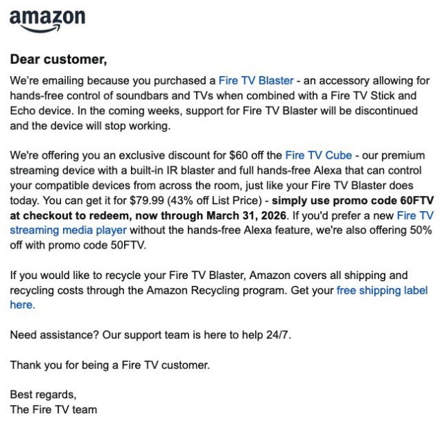 Amazon Email About The Fire TV Blaster